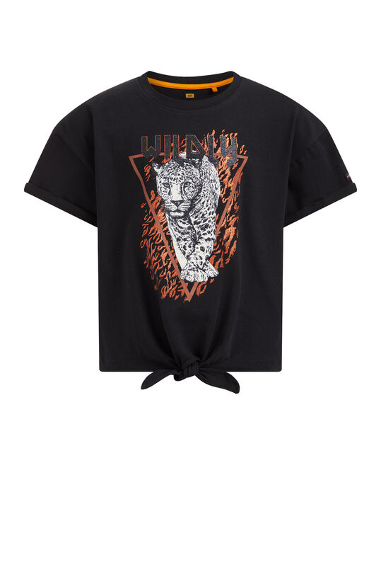 Mädchen-T-Shirt mit Glitzerdruck und Knoten-Detail, Schwarz