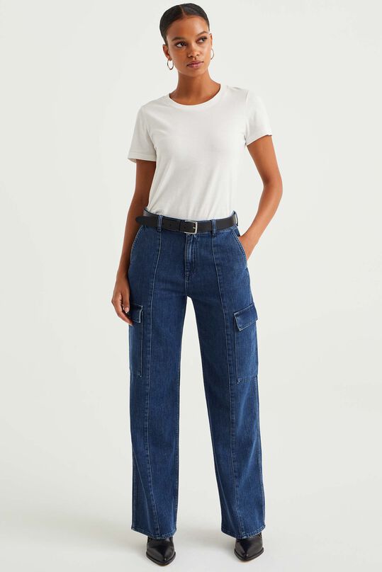Damen-Jeans mit hoher Taille und weitem Hosenbein und Cargotaschen, Dunkelblau