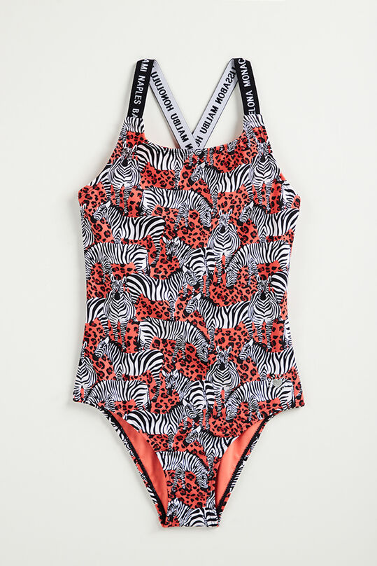 Mädchen-Badeanzug mit Zebramuster, Knallorange
