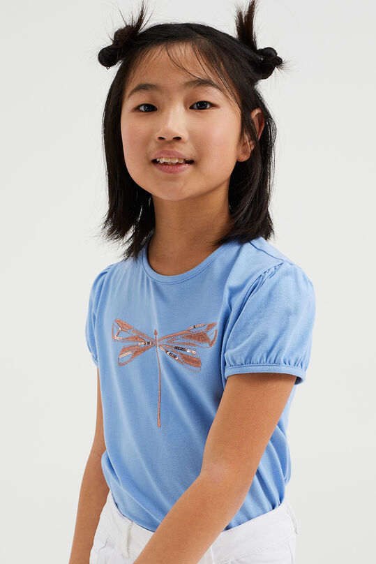 Mädchen-T-Shirt mit Glitzerstickerei und Pailletten, Hellblau