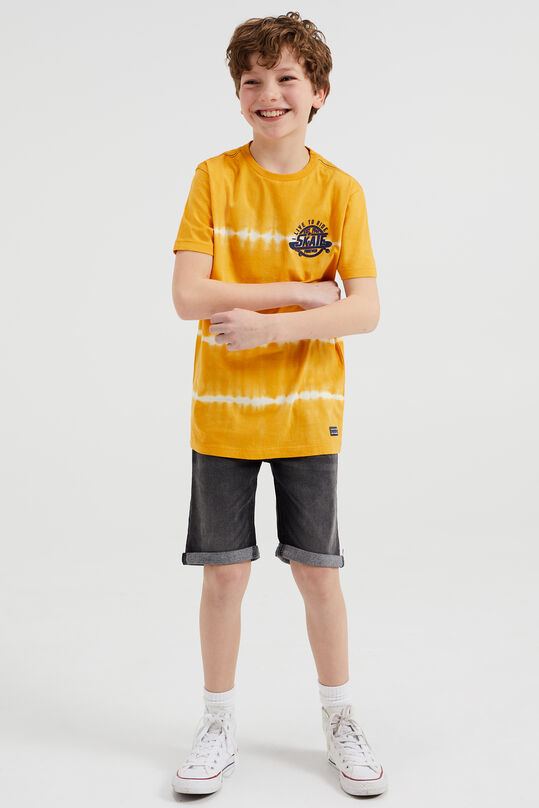 Jungen-T-Shirt mit Batikmuster und Aufdruck, Gelb