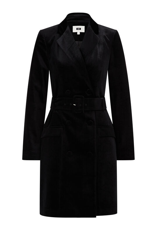 Damen-Mantelkleid aus Samt mit Gürtel, Schwarz