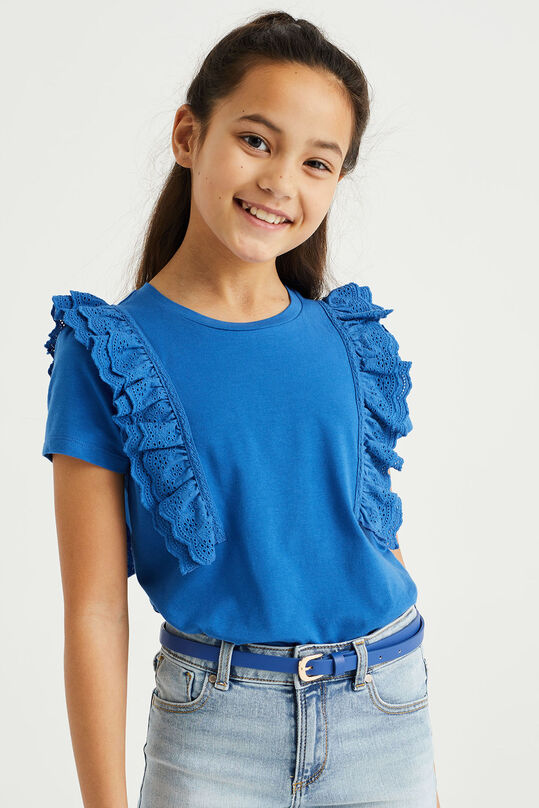 Mädchen-T-Shirt mit Lochstickerei, Kobaltblau