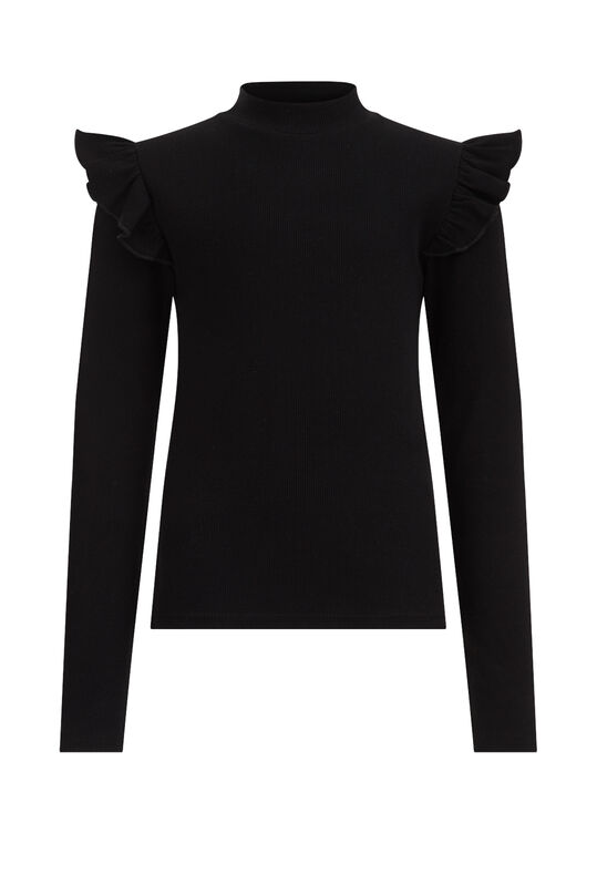 Mädchen-T-Shirt in Ripp-Optik mit Rüschen, Schwarz