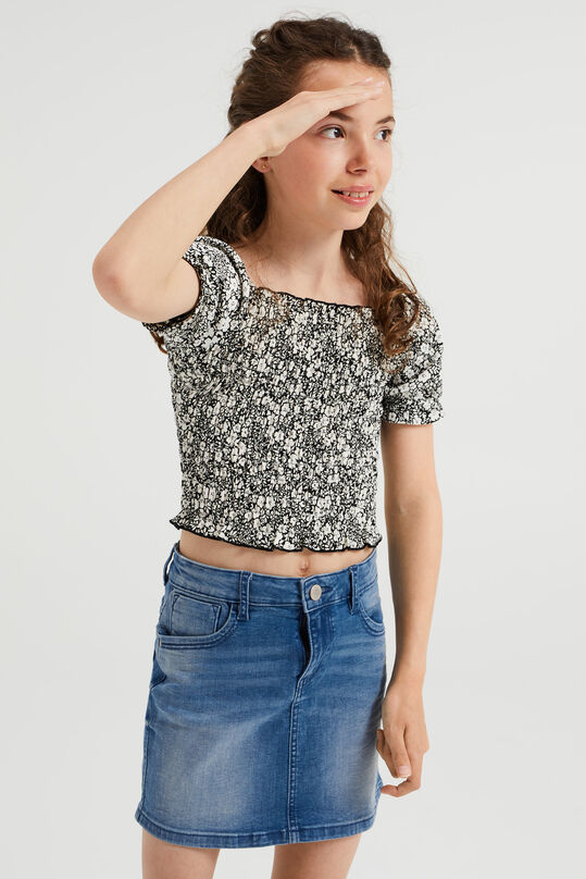Mädchen-T-Shirt mit Muster und Smokeinsätzen, Schwarz