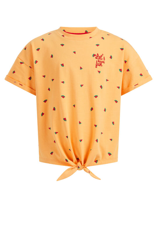 Mädchen-T-Shirt mit Muster und Knoten-Detail, Orange