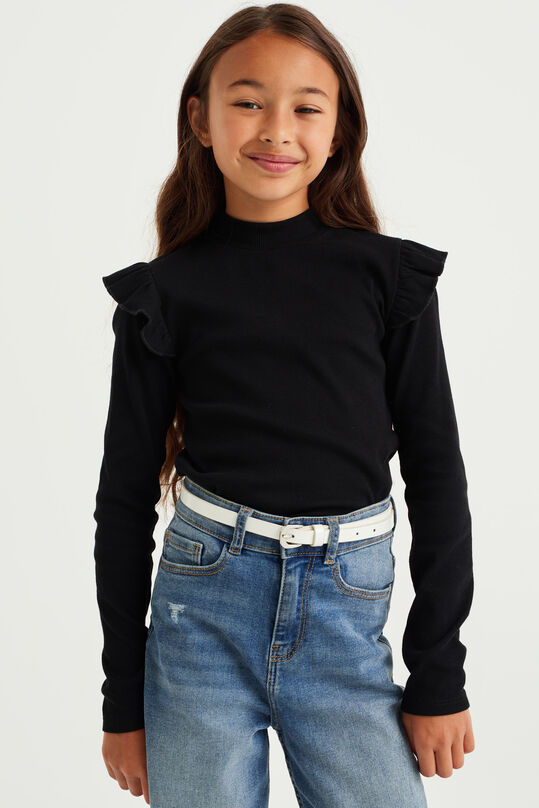 Mädchen-T-Shirt in Ripp-Optik mit Rüschen, Schwarz