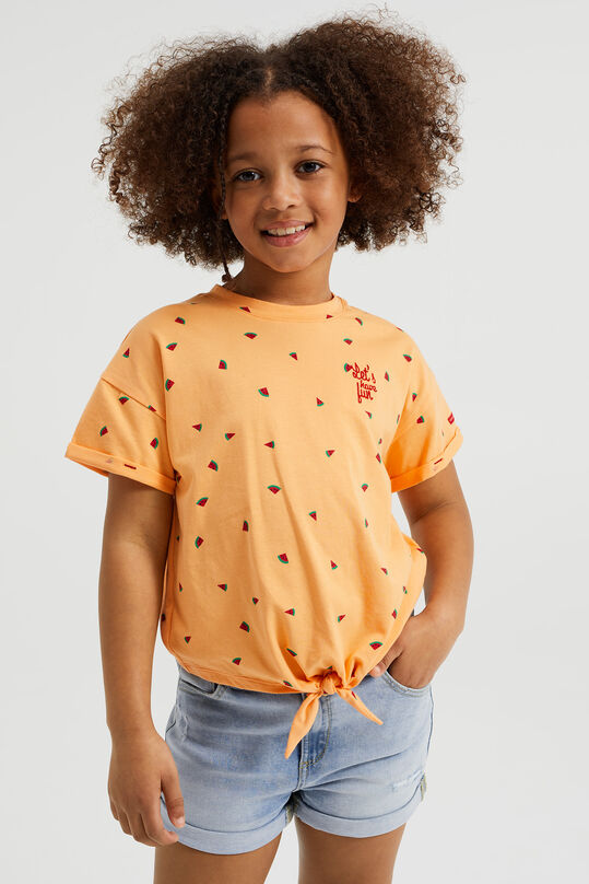 Mädchen-T-Shirt mit Muster und Knoten-Detail, Orange