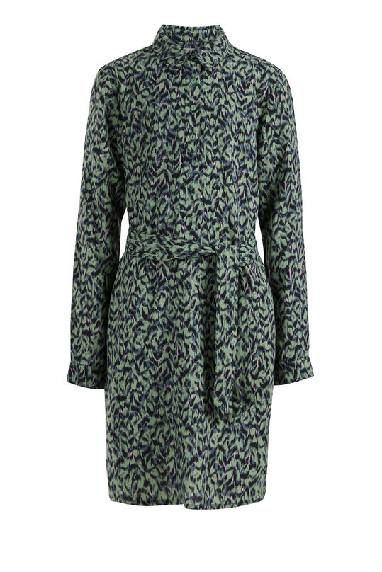 Mädchen-Hemdblusenkleid mit Muster und Bindegürtel, Graugrün
