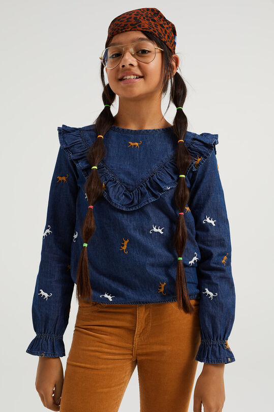 Mädchen-Jeansbluse mit Rüschen und Stickerei, Dunkelblau