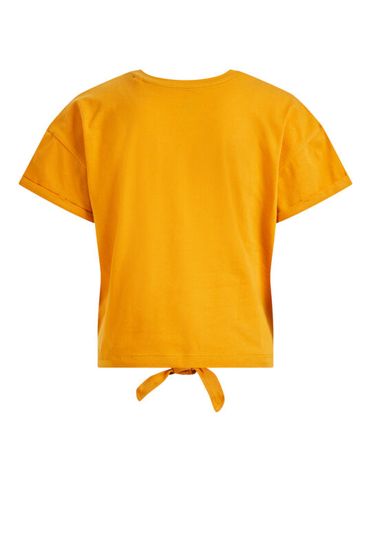 Mädchen-T-Shirt mit Glitzerdruck und Knoten-Detail, Ockergelb
